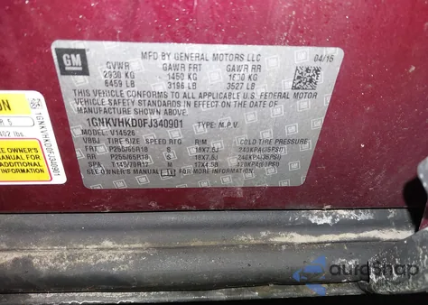 2015 Chevrolet Traverse 2Lt z USA, uszkodzony, nr VIN 1GNKVHKD0FJ340901